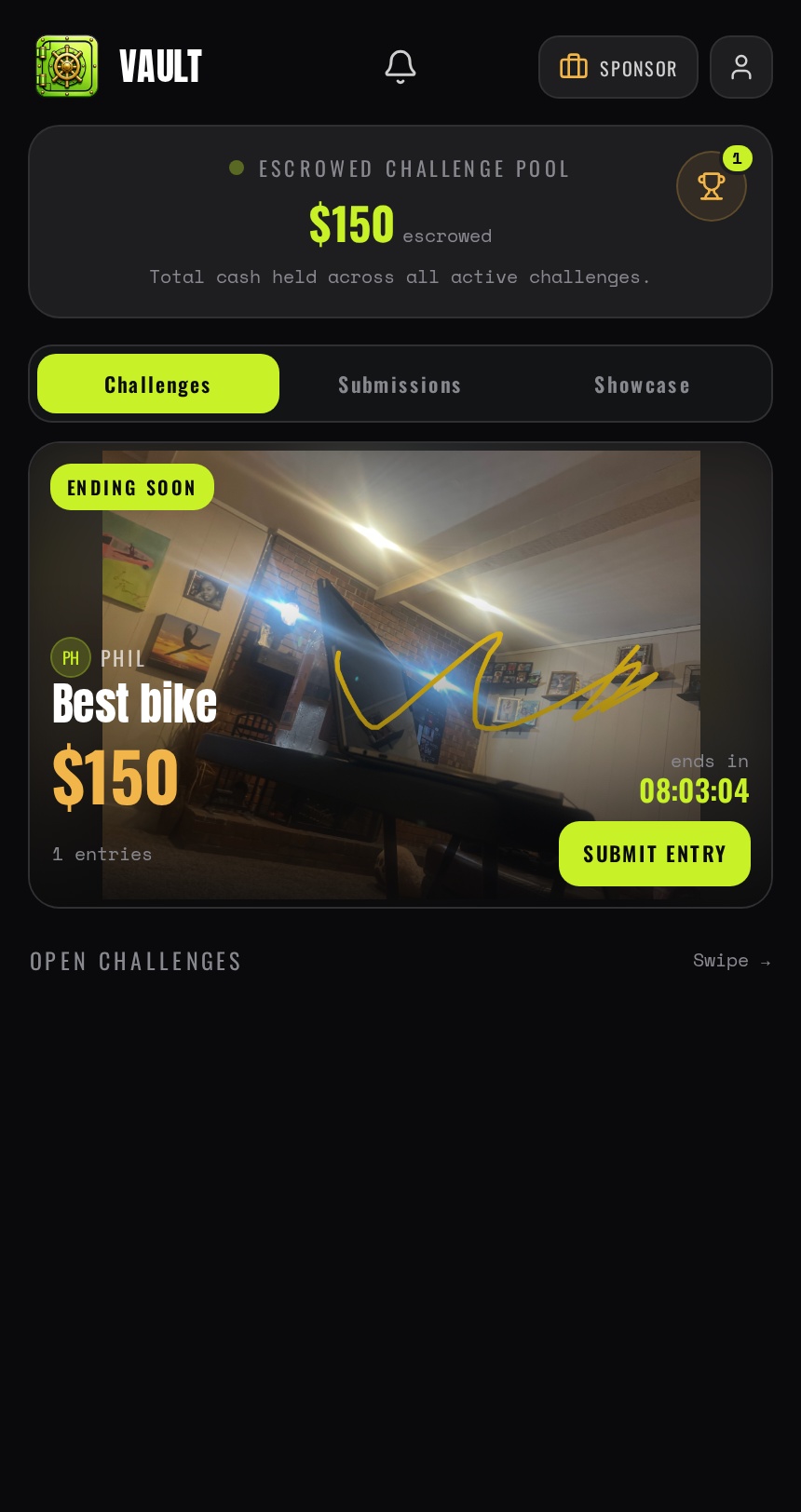 The updated VAULT app challenge feed showing the Escrowed Challenge Pool and open cash challenges