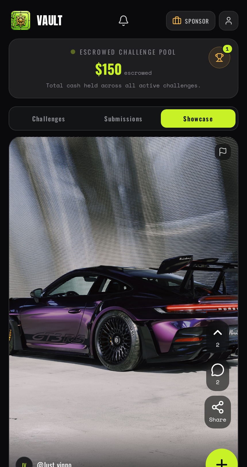 The updated VAULT app Showcase feed with creator posts, upvotes, comments and sharing