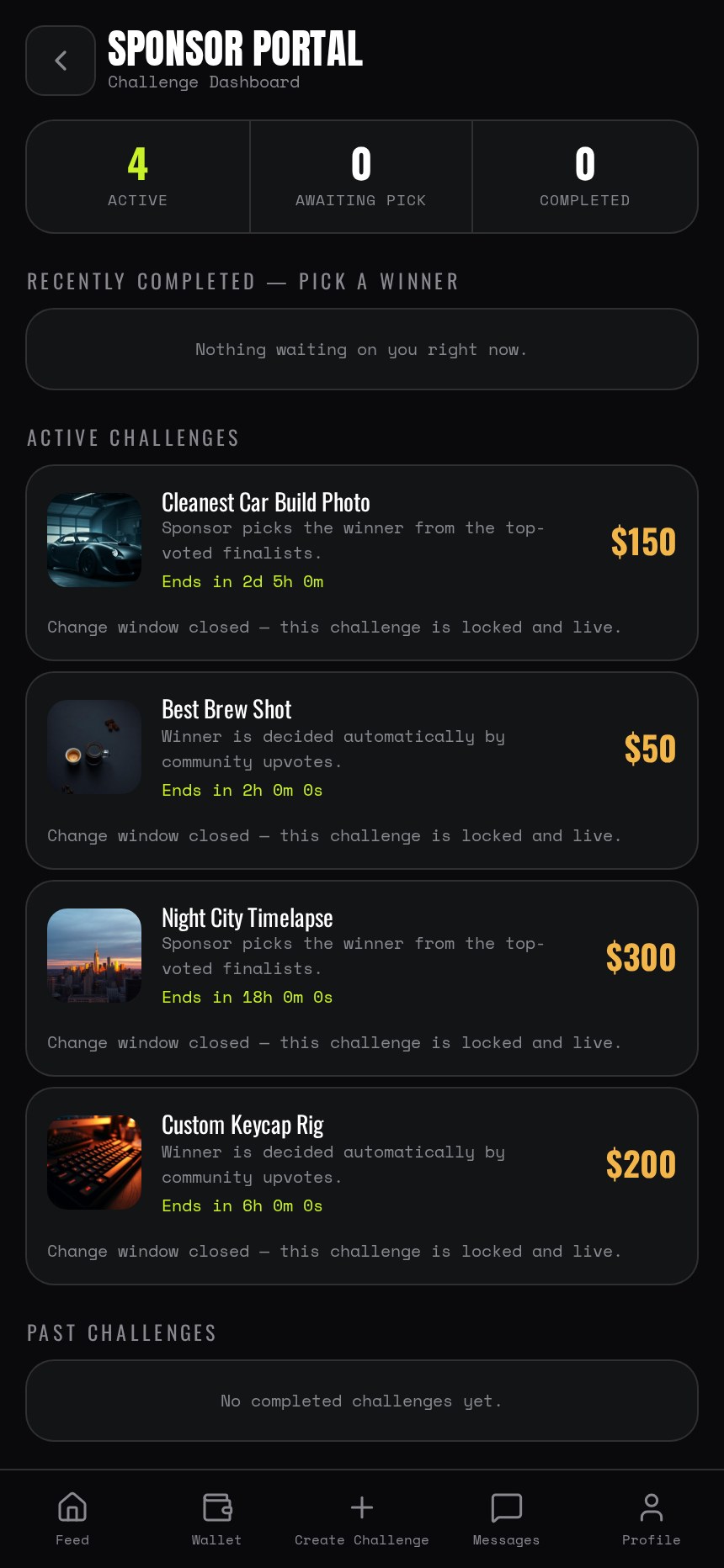 The VAULT sponsor portal showing active challenges, prize pools and winner selection