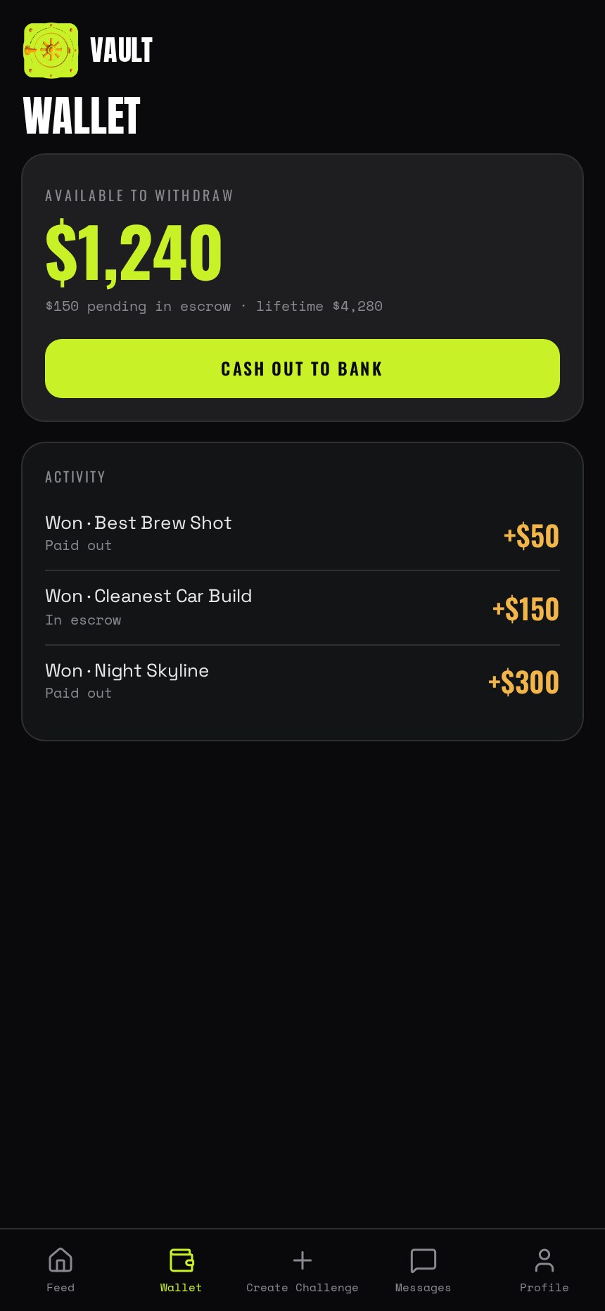 The VAULT app wallet screen showing escrow balance and payouts