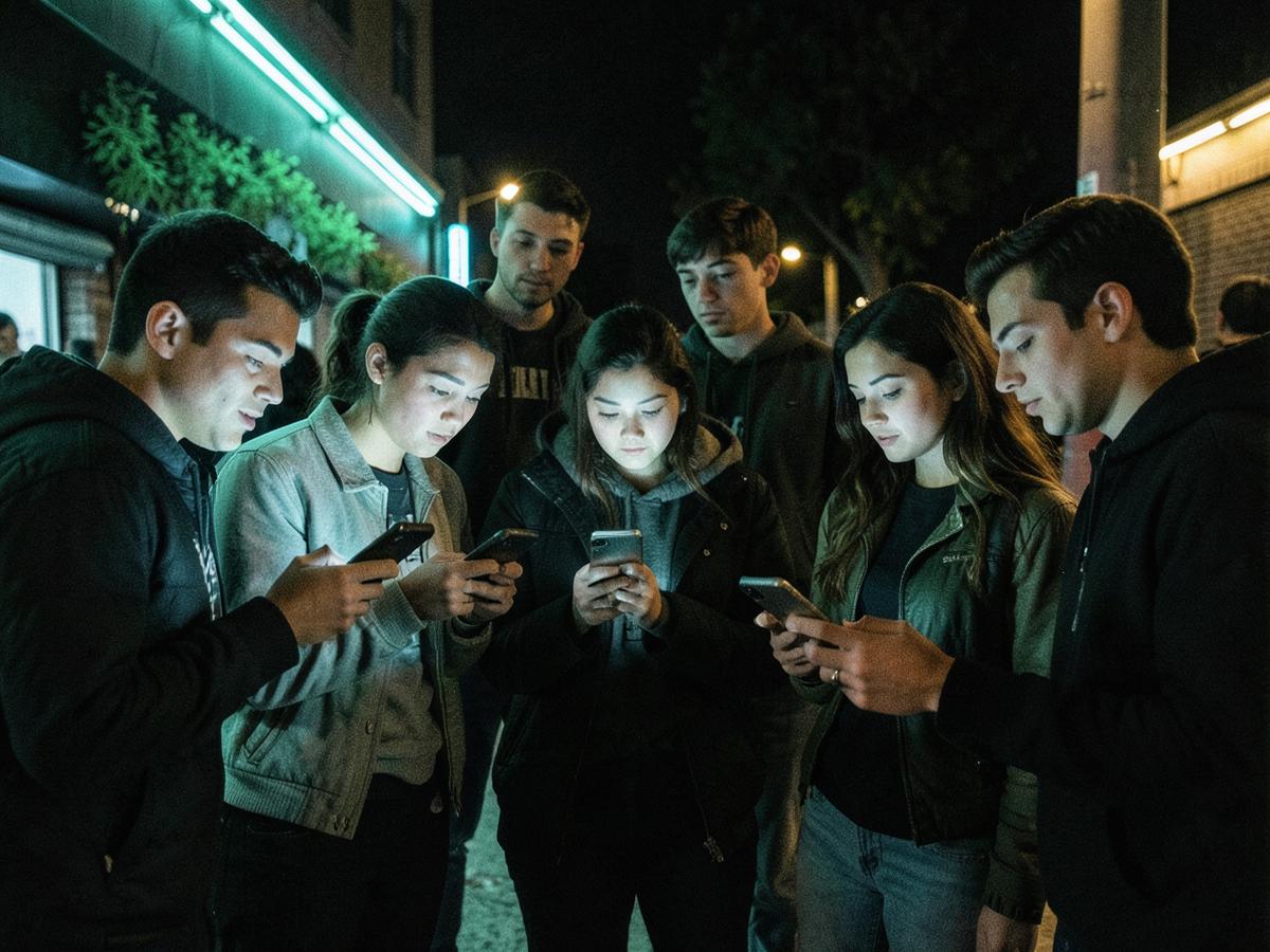 A group of people voting on entries on their phones at night